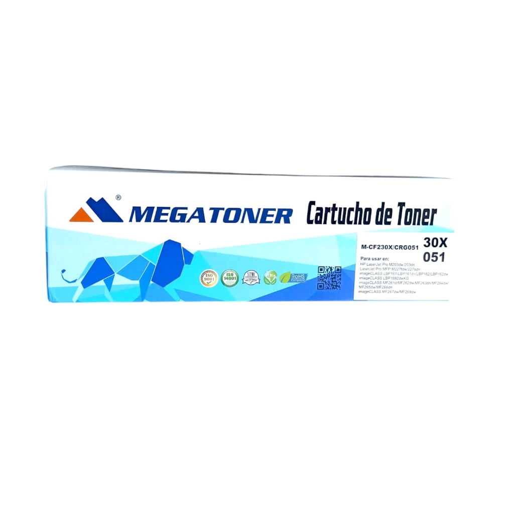 Tóner HP 30X/051 MEGATONER Genérico Negro (M-CF230X/CRG051) Compatible con HP M203 M227 LBP161 LBP162 LBP1692 MF261 MF262 MF263 MF264 MF265 MF266 MF267 MF269