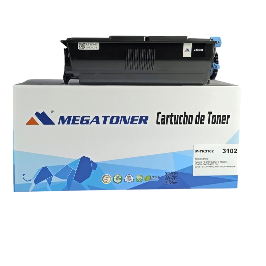 Tóner Kyocera 3102 MEGATONER Genérico Negro (M-TK3102) Compatible con Kyocera FS-2100 4100 4200 4300 ECOSYS M3040 M3540
