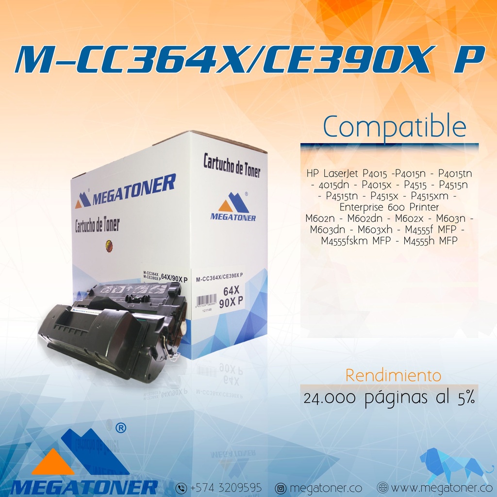 Tóner HP 64X/90X (CC364X/CE390X) Compatible con HP 4515, P4015, M4555, M602, M603 | Megatoner