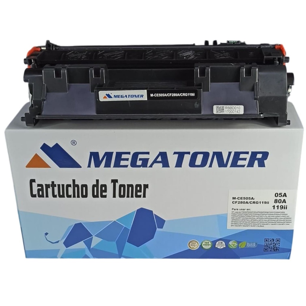 Tóner HP 05A/80A/119ii MEGATONER Genérico Negro (M-CE505A/CF280A/GRC119ii) Compatible con HP D1100 MF417dw M425 P2030 P2050 400 M401