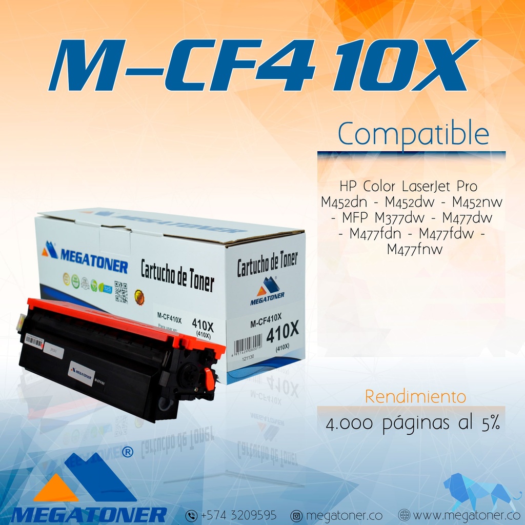 Tóner HP 410X (CF410X/CF411A/CF412A/CF413A) Compatible con HP M452, M477 | Megatoner