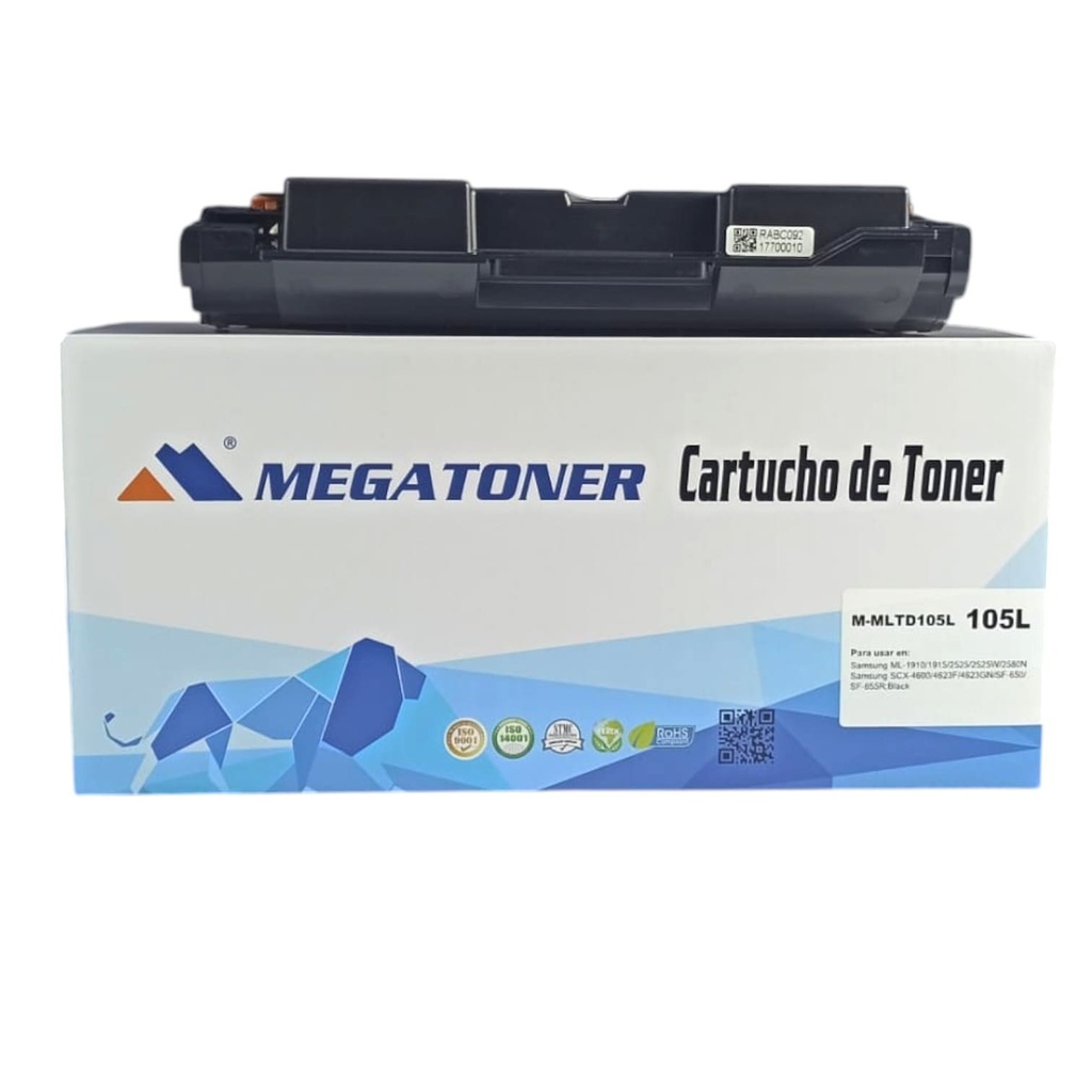 Tóner Samsung 105L MEGATONER Genérico Negro (M-MLTD105L) Compatible con Samsung ML-1910 ML-1915 ML-2525 ML-2525W ML-2580N SCX-4600 SCX-4623F SCX-4623GN SF-650 SF-655R