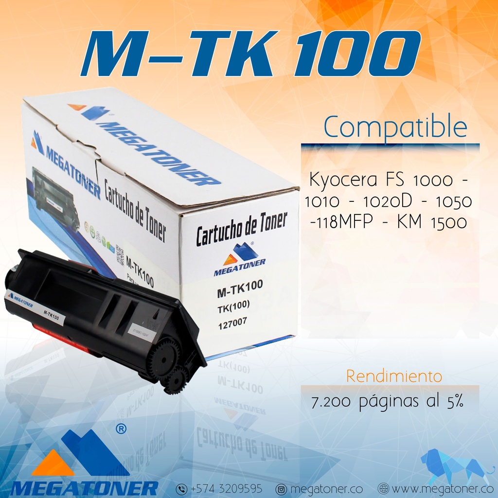 Tóner Kyocera 100 MEGATONER Genérico Negro (M-TK100) Compatible con Kyocera FS1000 FS1010 FS1018MFP FS1020 FS1050 FS1118 KM-1500 KM-1820